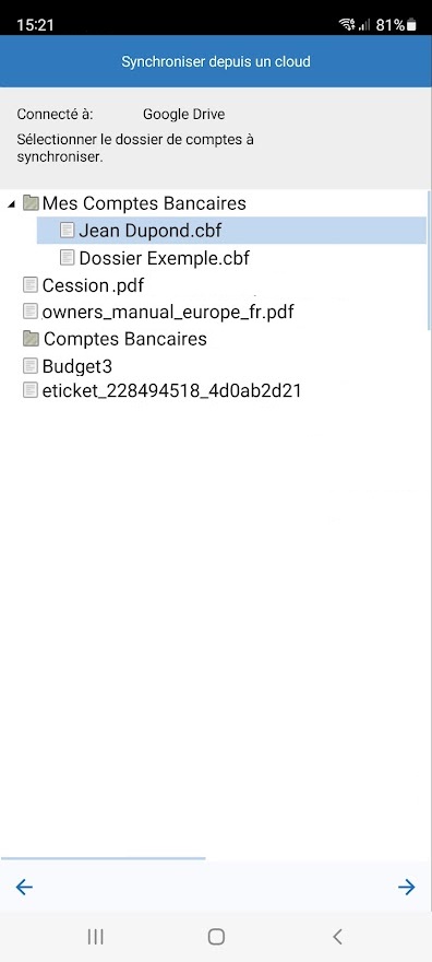 Sélection du fichier du cloud à référencer dans l'application mobile